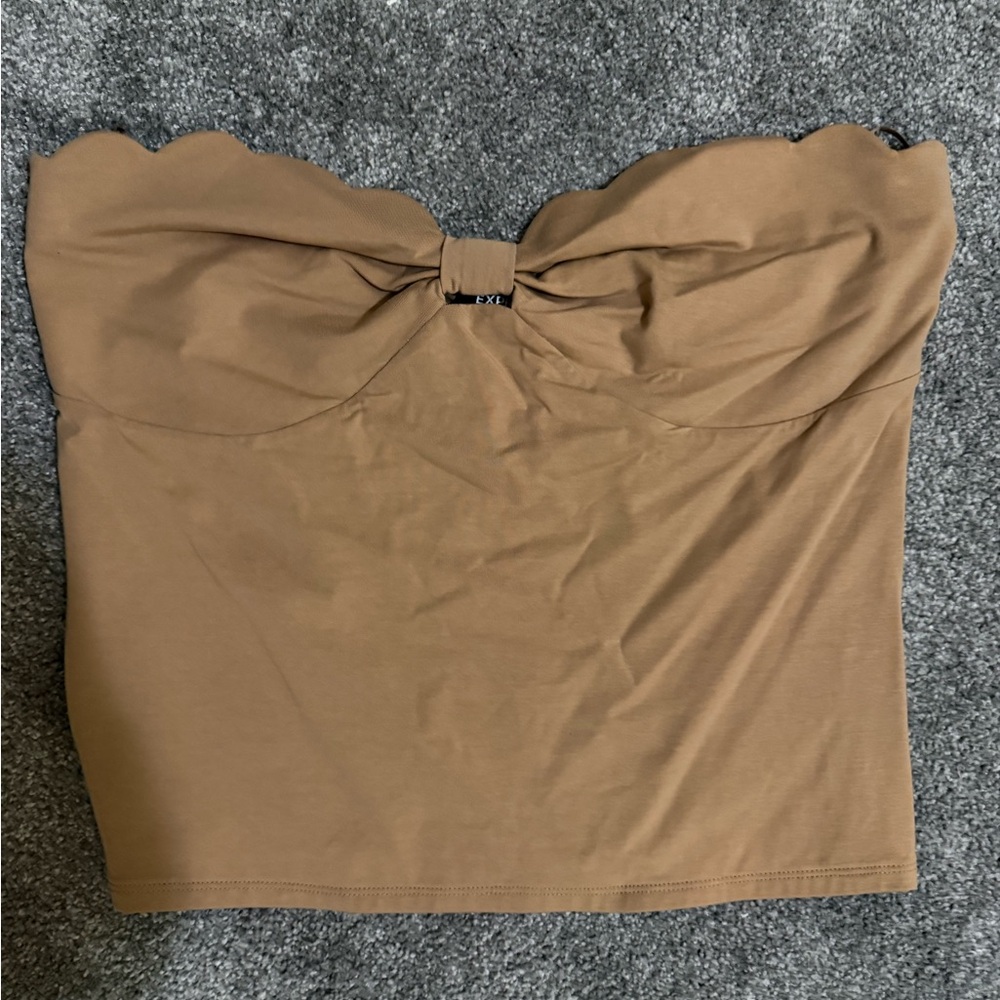 Express Tan Strapless Blouse with Scallop and Bow Detail